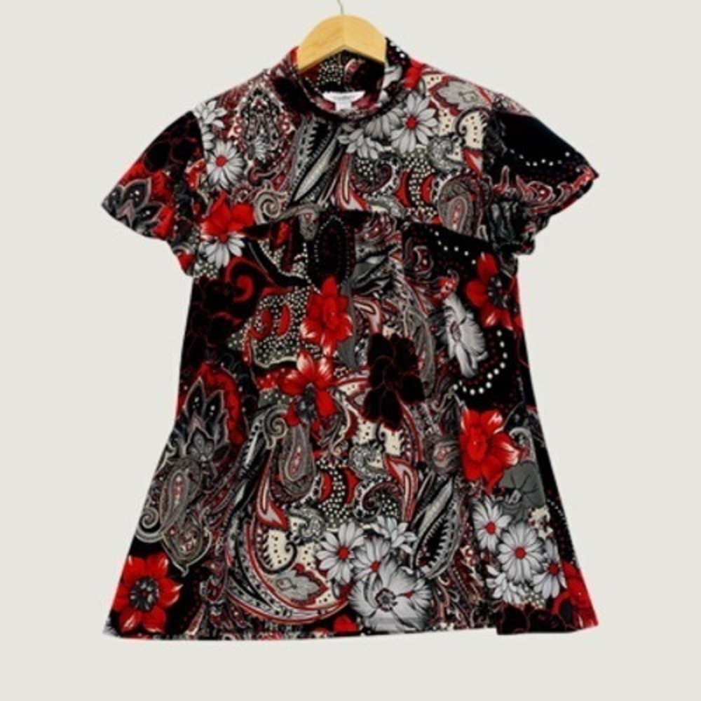 Dressbarn Top Womens M Red Paisley Floral Mock Neck Short Sleeve Blouse